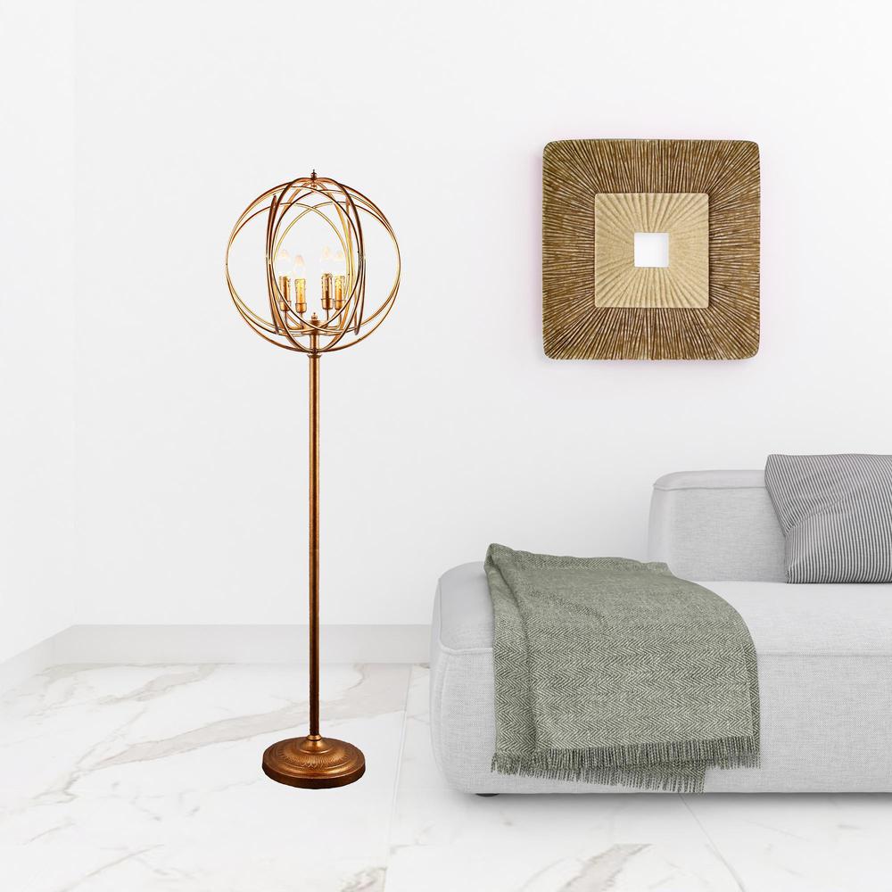64" Gold Four Light  Floor Lamp With Modern Gold Geometric Globe Shade. Picture 2