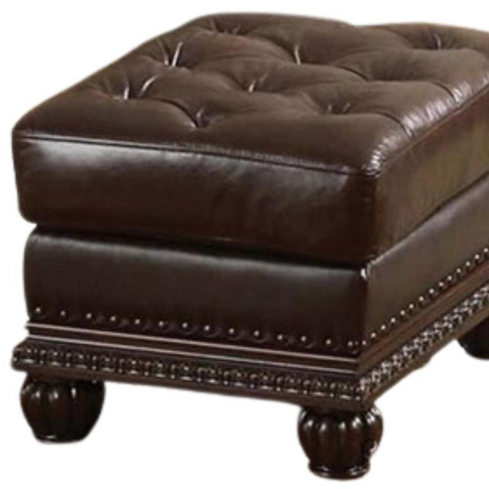 26" Brown Faux Leather Tufted Ottoman. Picture 4