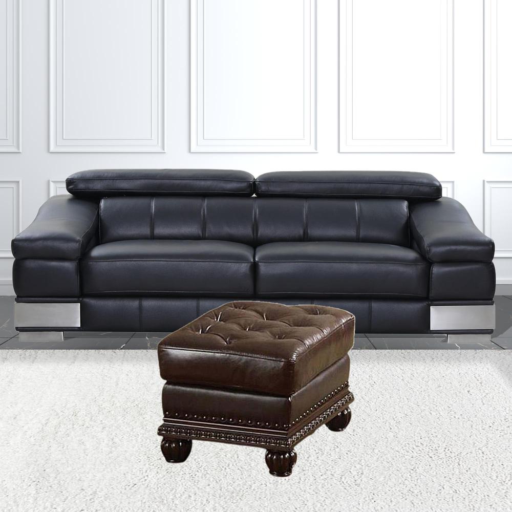 26" Brown Faux Leather Tufted Ottoman. Picture 2