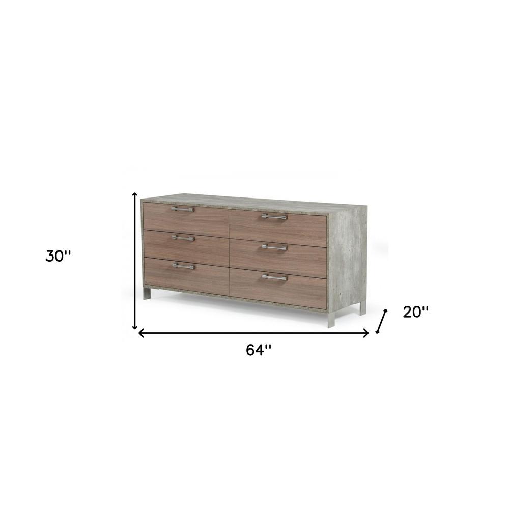 64" Brown Oak Grey Solid And Manufactured Wood Six Drawer Dresser. Picture 6