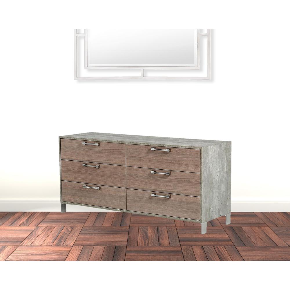 64" Brown Oak Grey Solid And Manufactured Wood Six Drawer Dresser. Picture 2