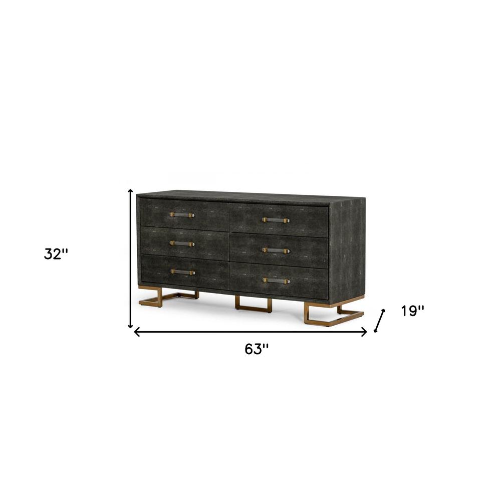 63" Grey Shagreen Faux Leather And Gold Six Drawer Double Dresser. Picture 4