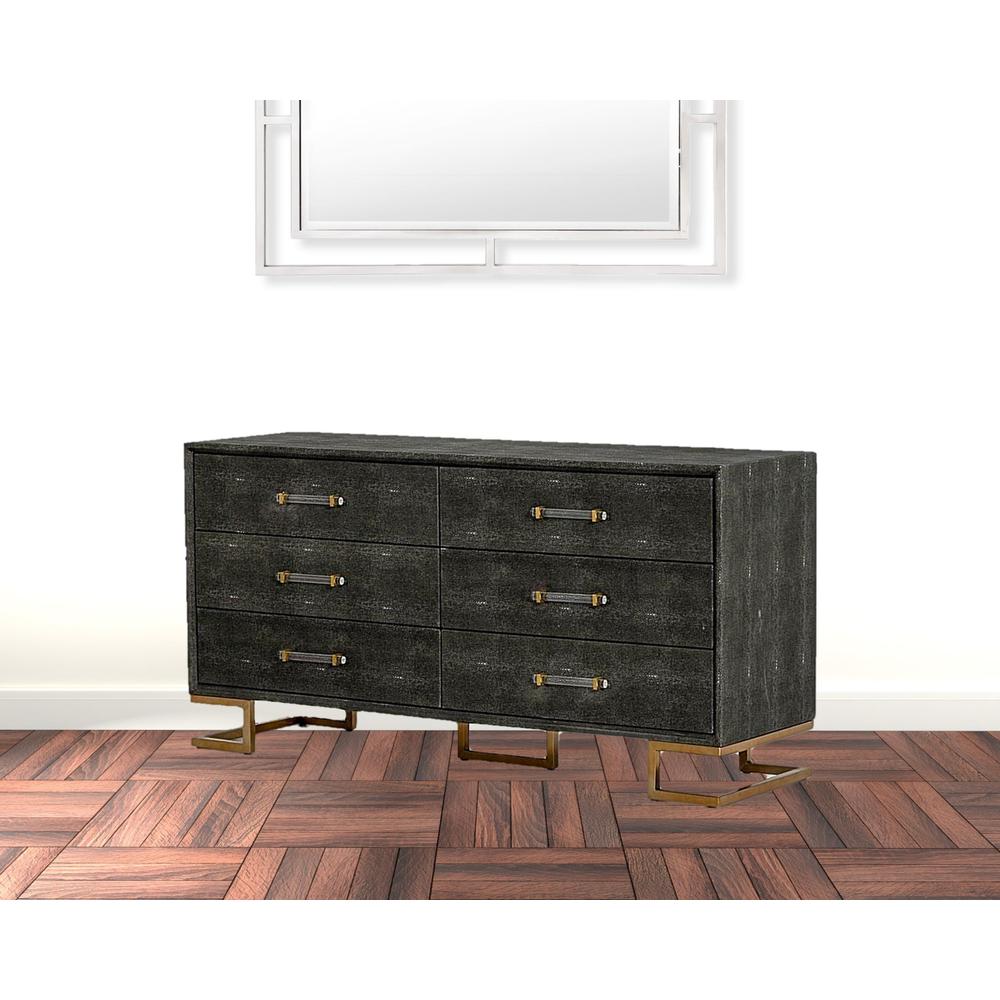 63" Grey Shagreen Faux Leather And Gold Six Drawer Double Dresser. Picture 2