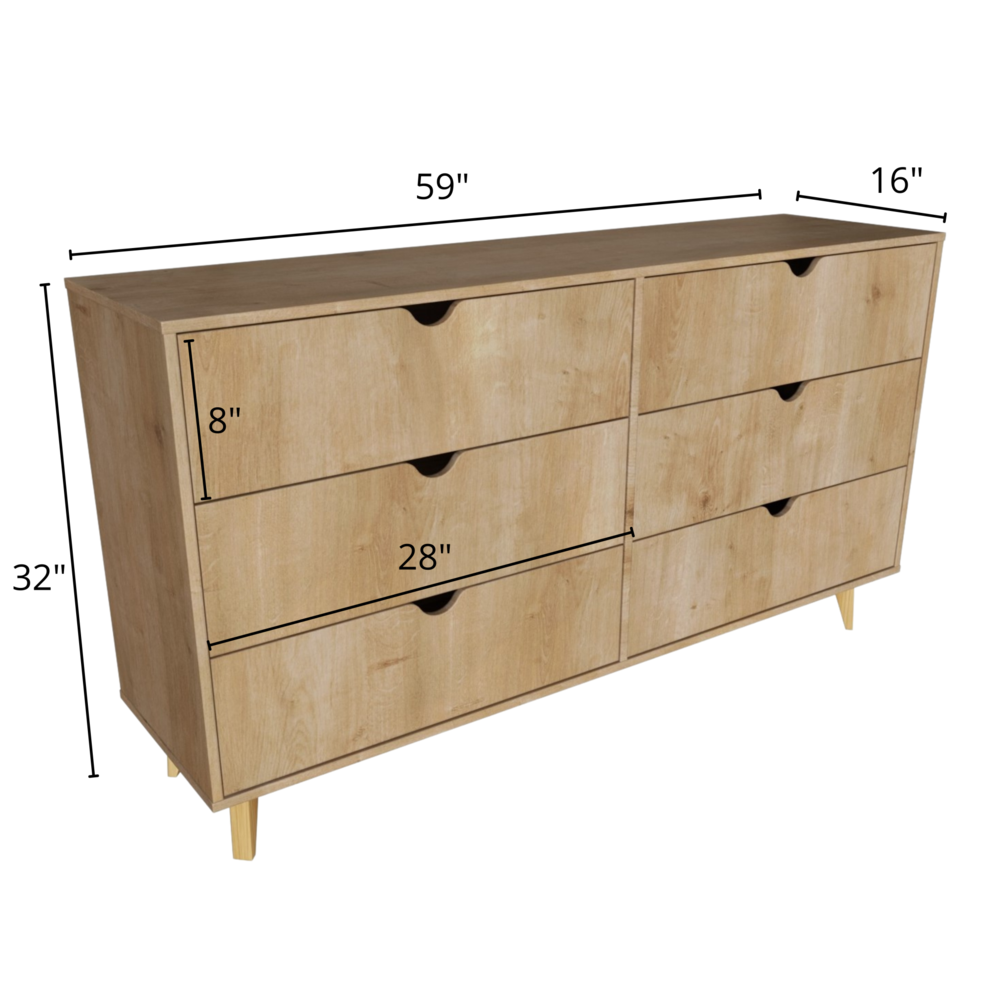 59" Natural Scoop Handle Six Drawer Double Dresser. Picture 5