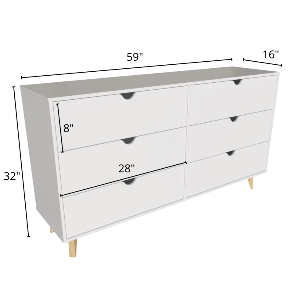 59" White Scoop Handle Six Drawer Double Dresser. Picture 5