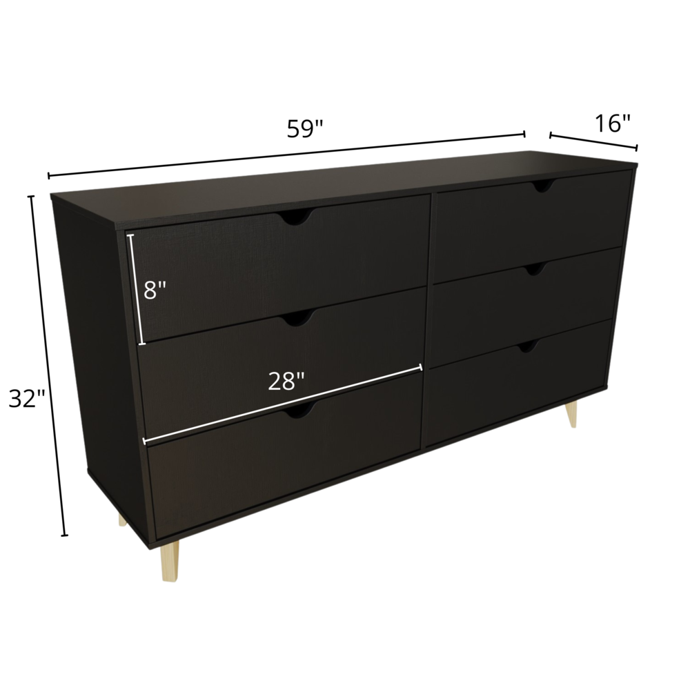 59" Black Scoop Handle Six Drawer Double Dresser. Picture 5