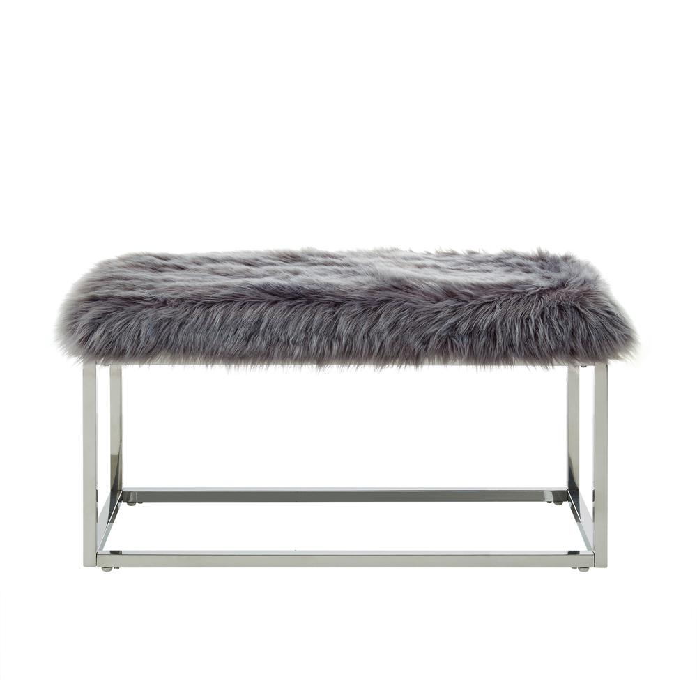 40" Gray And Silver Upholstered Faux Fur Bench. Picture 1
