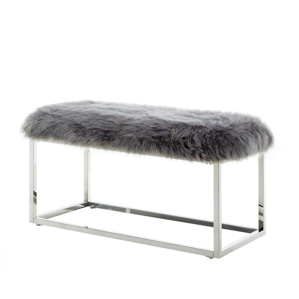 40" Gray And Silver Upholstered Faux Fur Bench. Picture 3