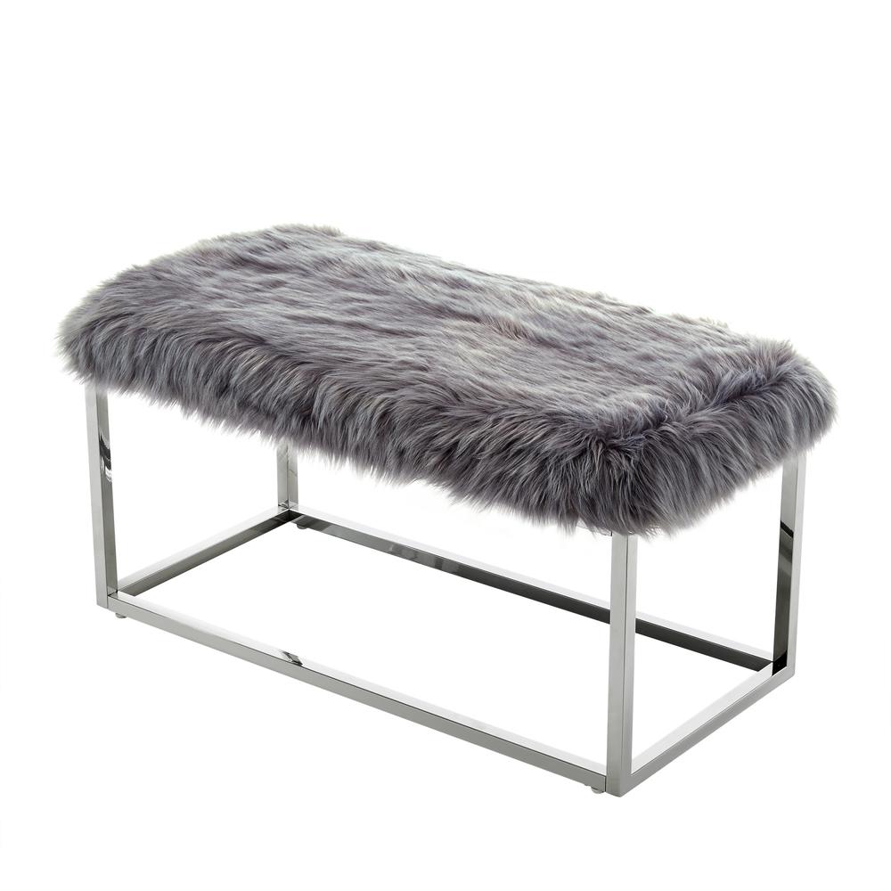 40" Gray And Silver Upholstered Faux Fur Bench. Picture 4