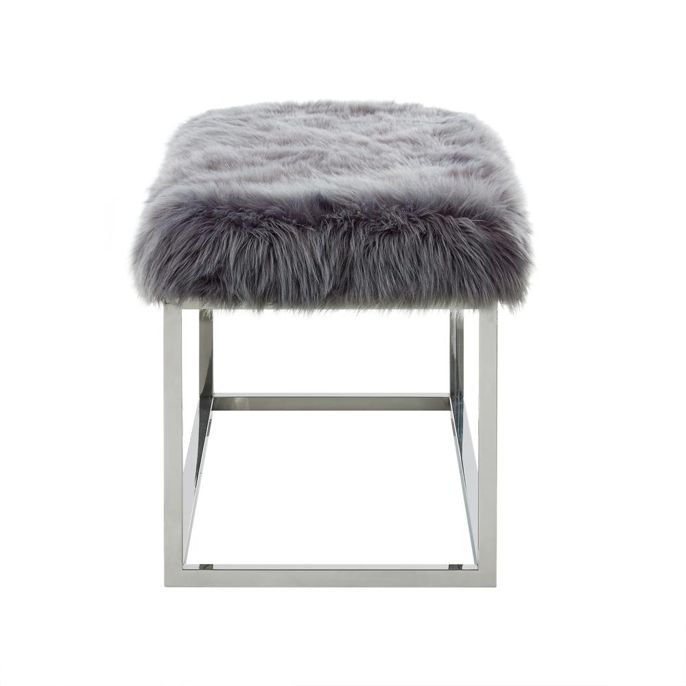 40" Gray And Silver Upholstered Faux Fur Bench. Picture 5