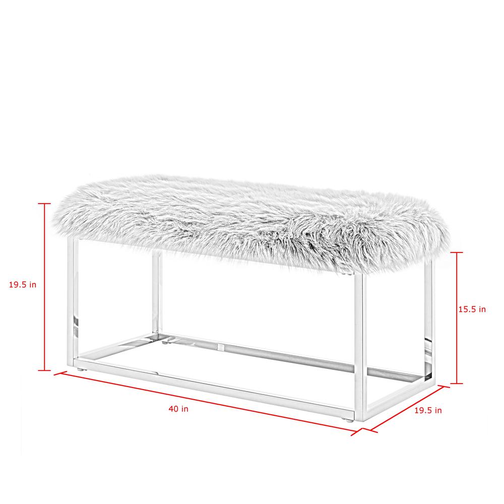 40" Gray And Silver Upholstered Faux Fur Bench. Picture 7