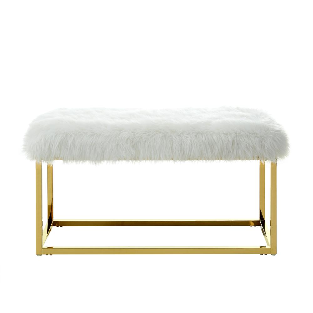 40" White And Gold Upholstered Faux Fur Bench. Picture 1