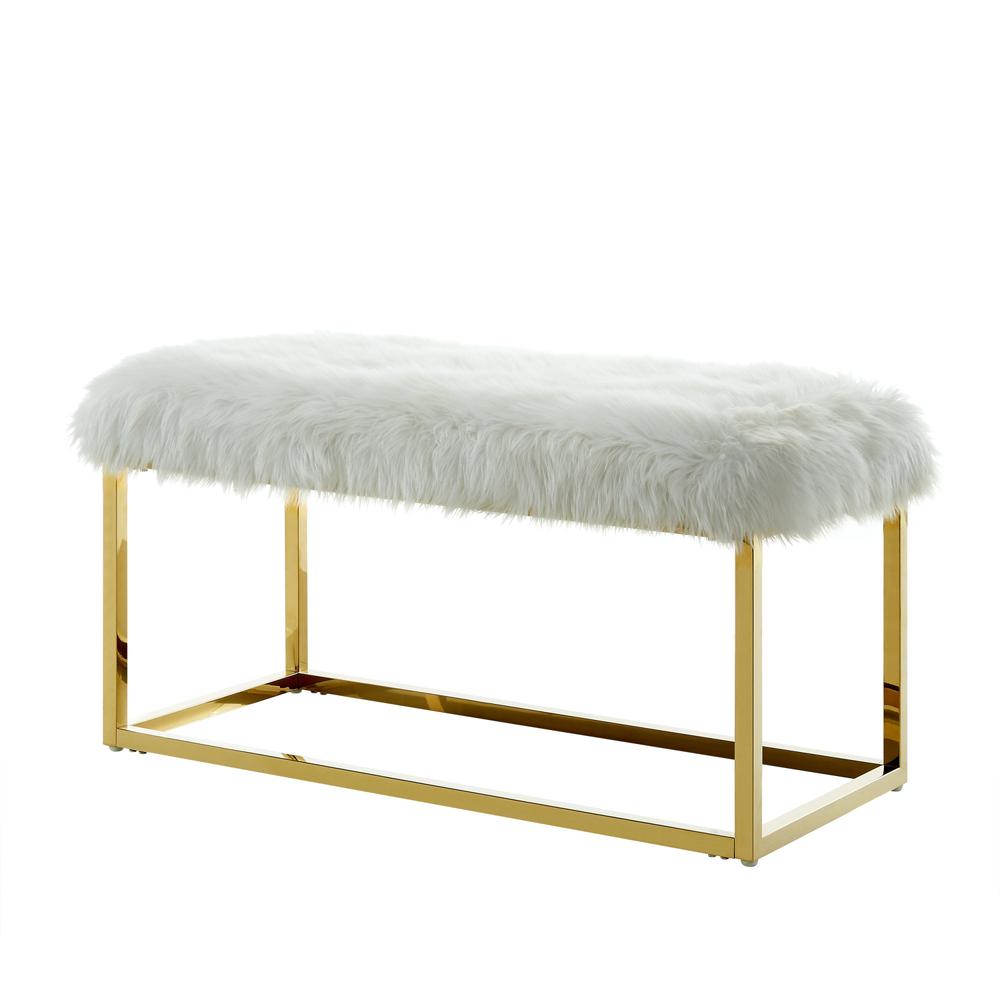 40" White And Gold Upholstered Faux Fur Bench. Picture 3