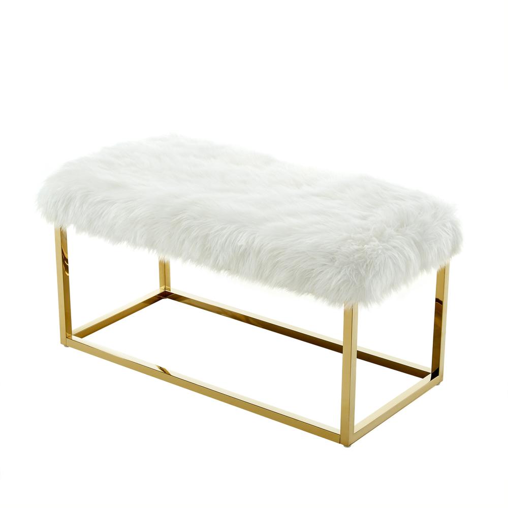 40" White And Gold Upholstered Faux Fur Bench. Picture 4