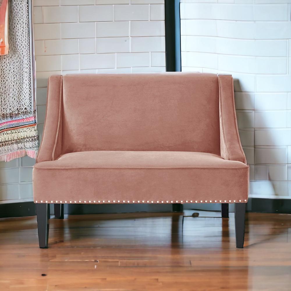 45" Blush And Brown Upholstered Velvet Bench. Picture 2
