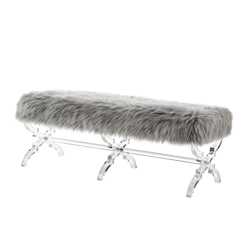48" Gray And Clear Upholstered Faux Fur Bench. Picture 1