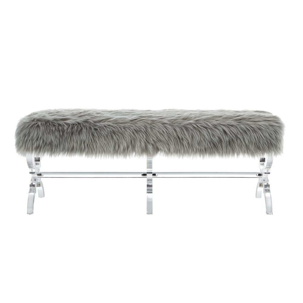 48" Gray And Clear Upholstered Faux Fur Bench. Picture 3
