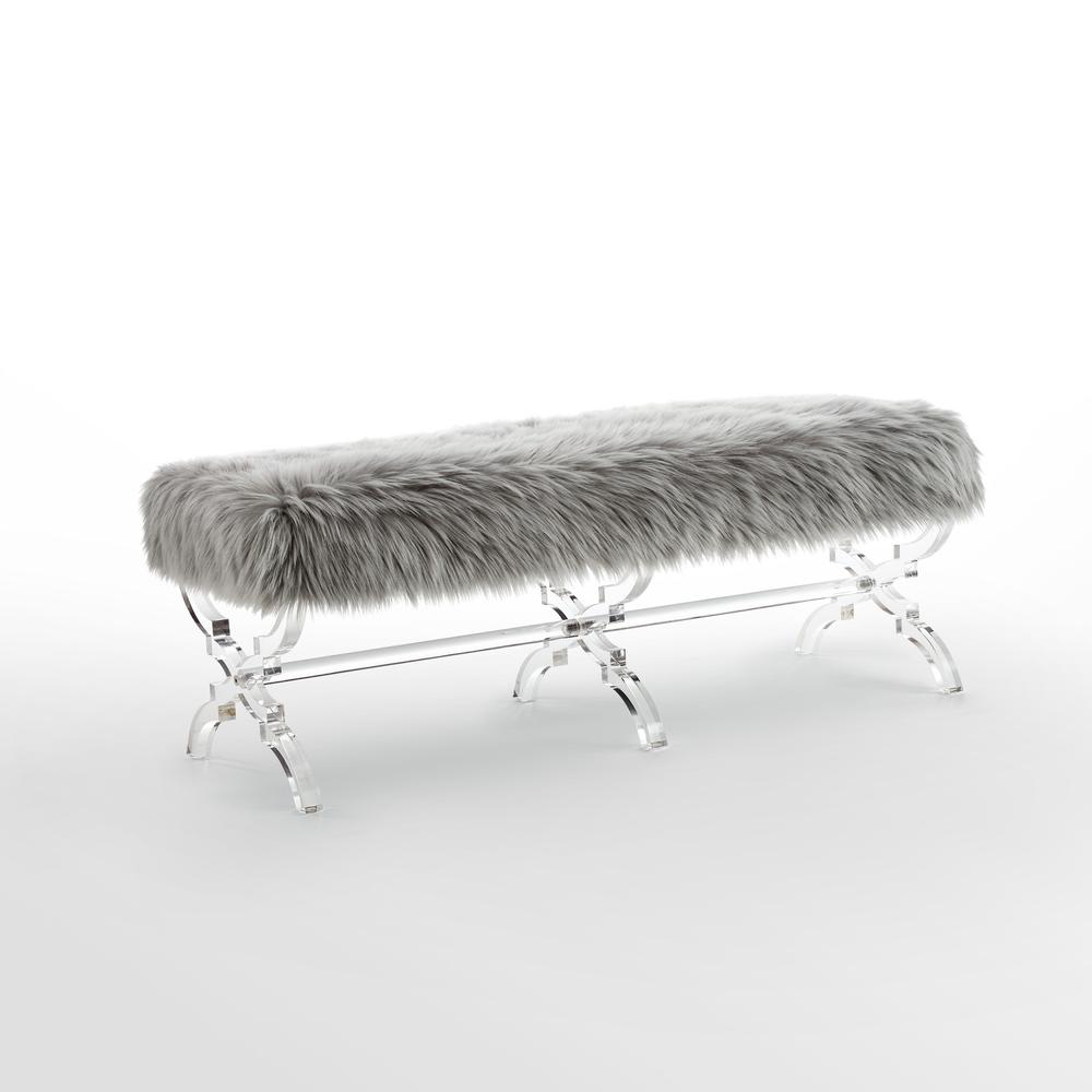 48" Gray And Clear Upholstered Faux Fur Bench. Picture 4