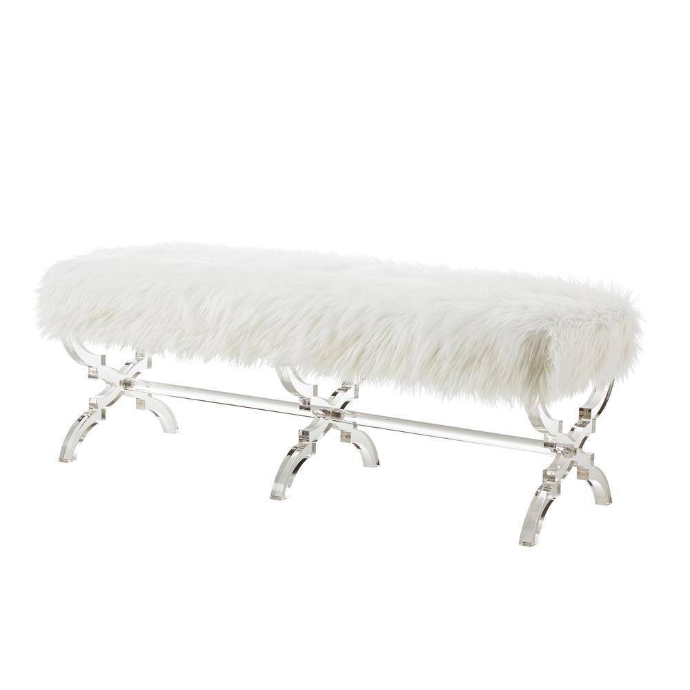 48" Cream And Clear Upholstered Faux Fur Bench. Picture 4