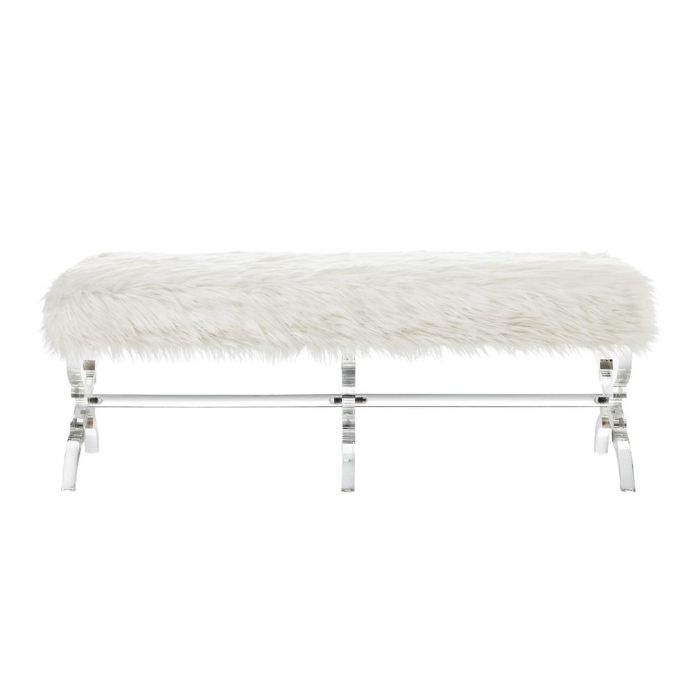 48" Cream And Clear Upholstered Faux Fur Bench. Picture 1
