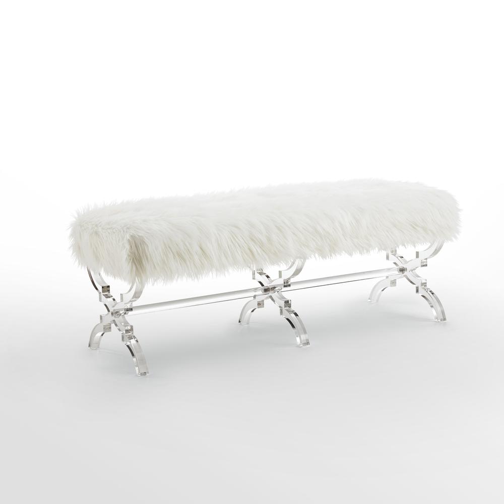 48" Cream And Clear Upholstered Faux Fur Bench. Picture 3