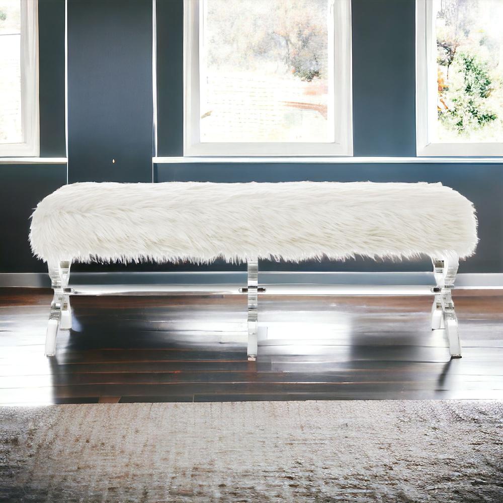 48" Cream And Clear Upholstered Faux Fur Bench. Picture 2