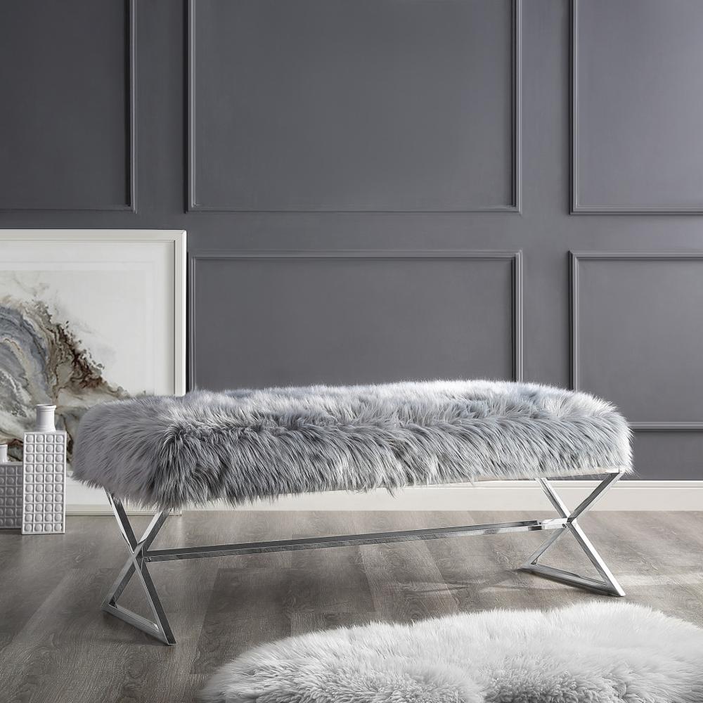 48" Gray And Silver Upholstered Faux Fur Bench. Picture 7