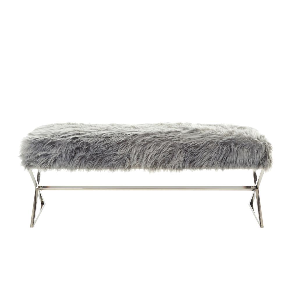 48" Gray And Silver Upholstered Faux Fur Bench. Picture 1