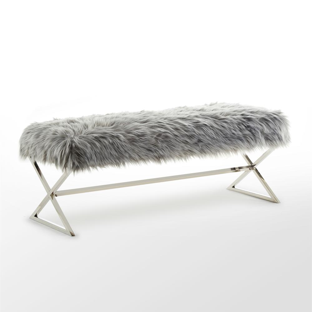 48" Gray And Silver Upholstered Faux Fur Bench. Picture 3