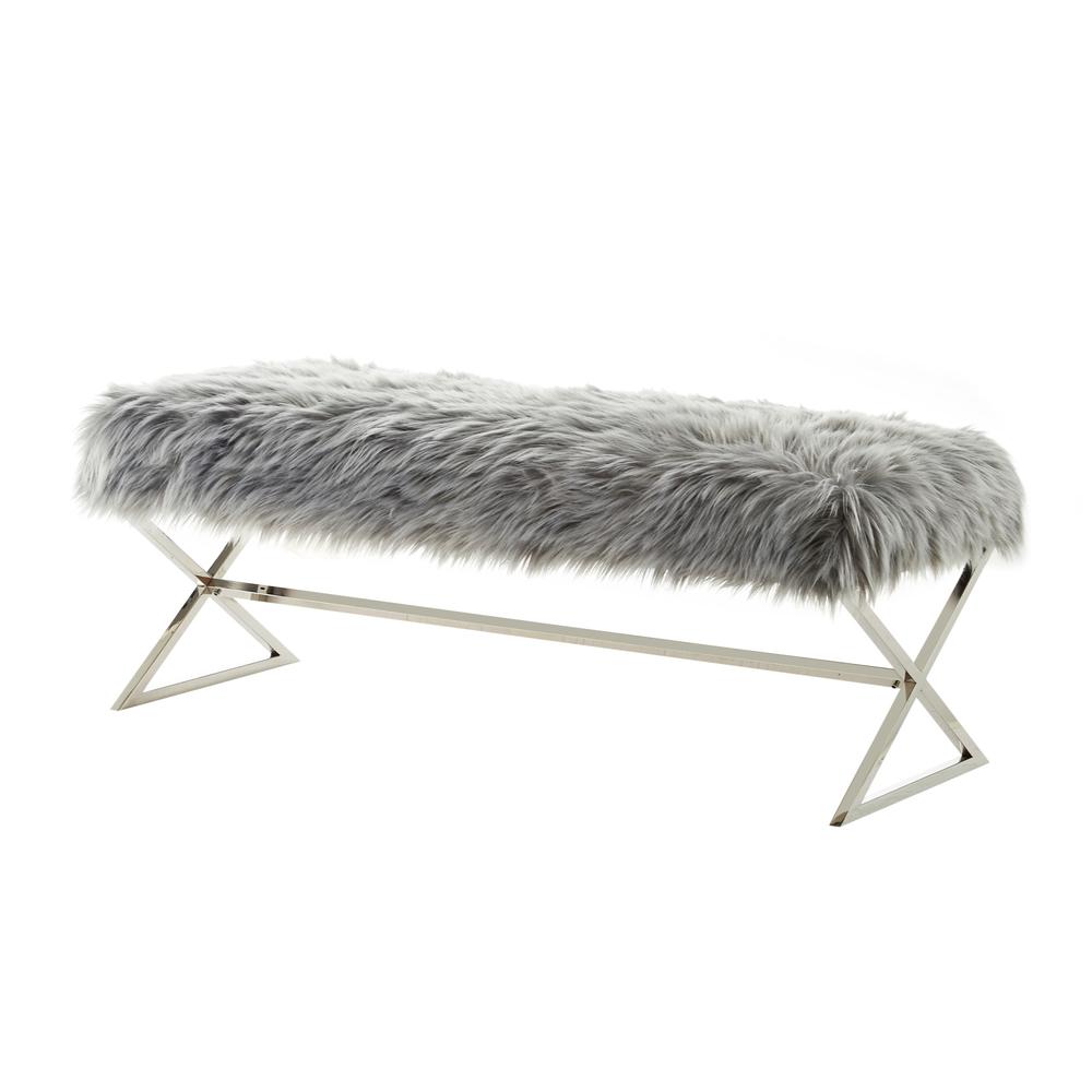 48" Gray And Silver Upholstered Faux Fur Bench. Picture 5
