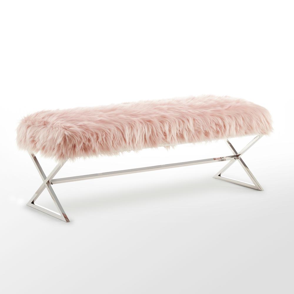 48" Rose And Silver Upholstered Faux Fur Bench. Picture 1