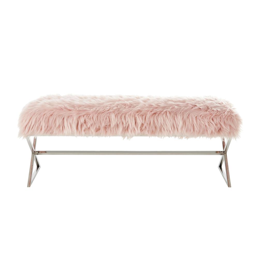 48" Rose And Silver Upholstered Faux Fur Bench. Picture 3
