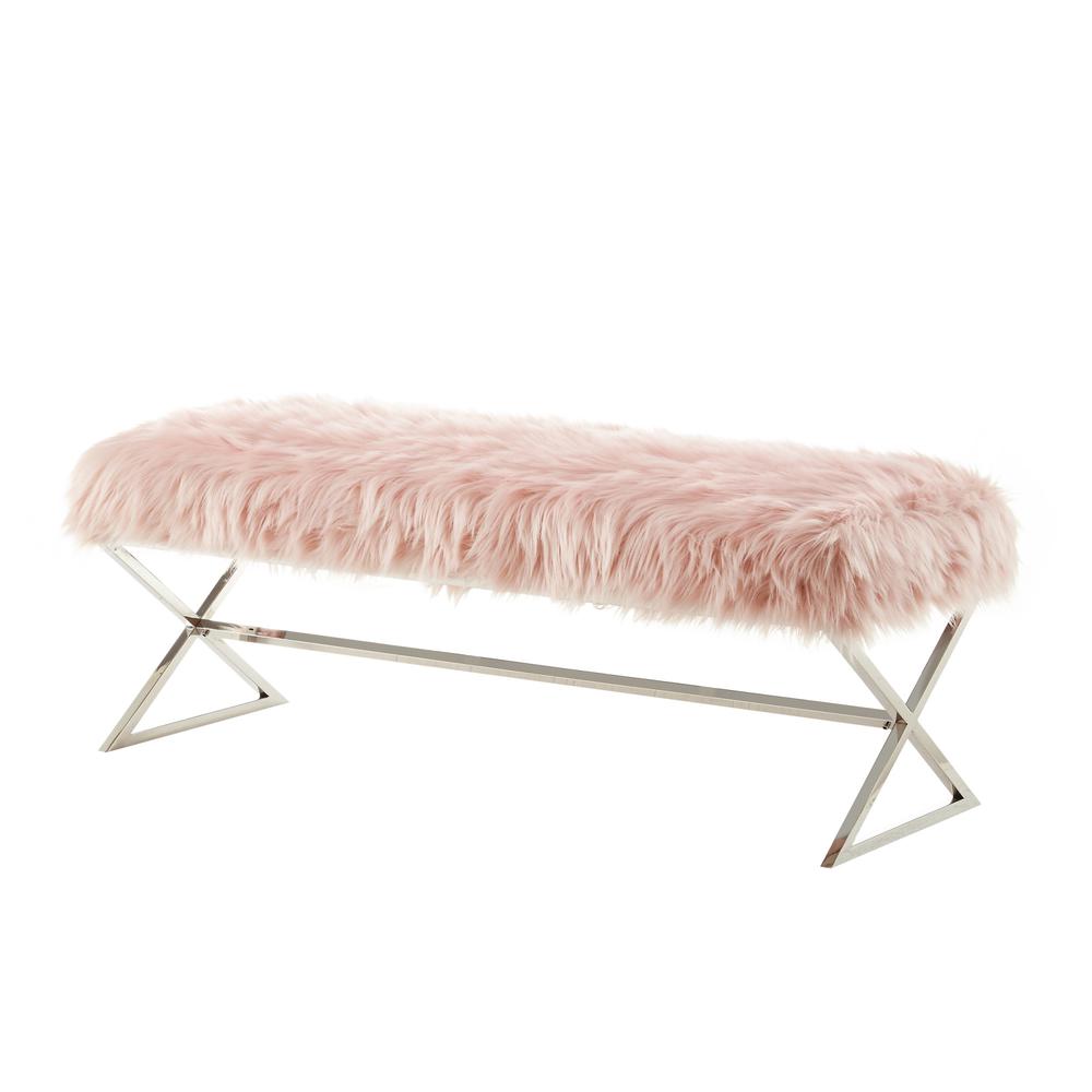48" Rose And Silver Upholstered Faux Fur Bench. Picture 4