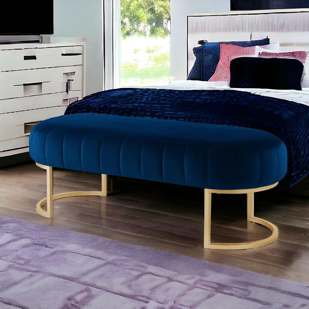 53" Navy Blue And Gold Upholstered Velvet Bench. Picture 2