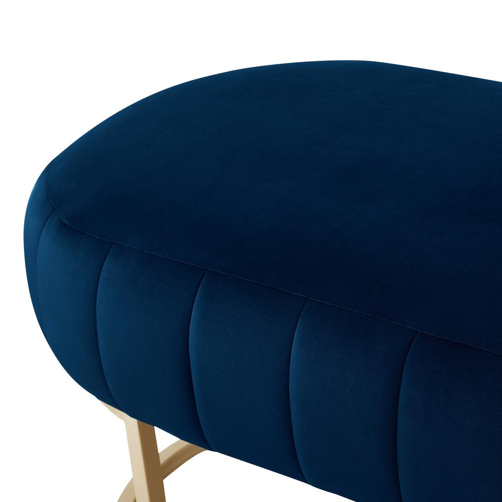 53" Navy Blue And Gold Upholstered Velvet Bench. Picture 6