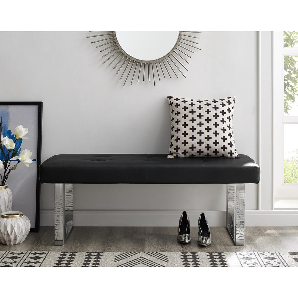 48" Black and Silver Upholstered Faux Leather Bench. Picture 7