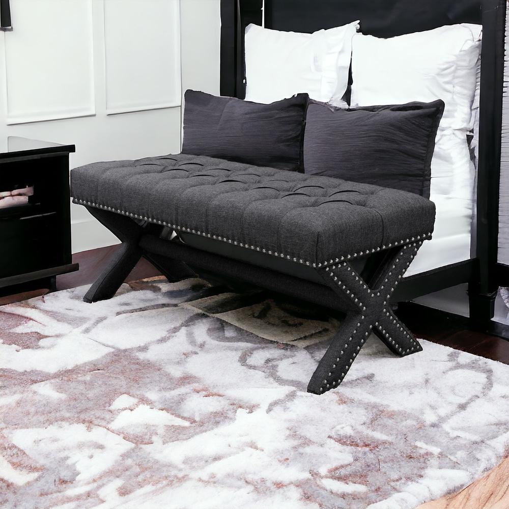 45" Dark Gray Upholstered Linen Bench. Picture 4