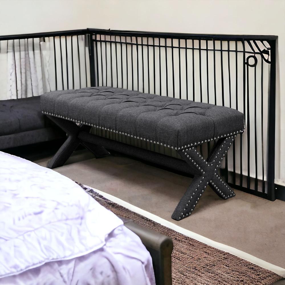 45" Dark Gray Upholstered Linen Bench. Picture 5