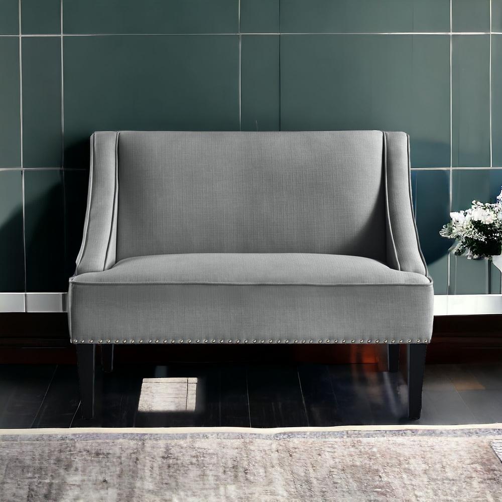 45" Light Gray And Black Upholstered Linen Bench. Picture 2