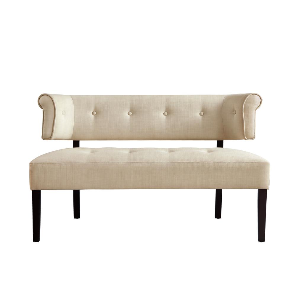 48" Beige And Black Upholstered Linen Bench. Picture 1