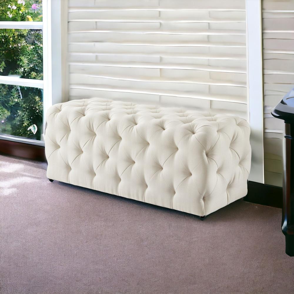 48" Cream And Black Upholstered Linen Bench. Picture 2