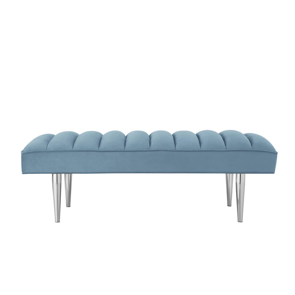 53" Blue And Silver Upholstered Velvet Bench. Picture 1
