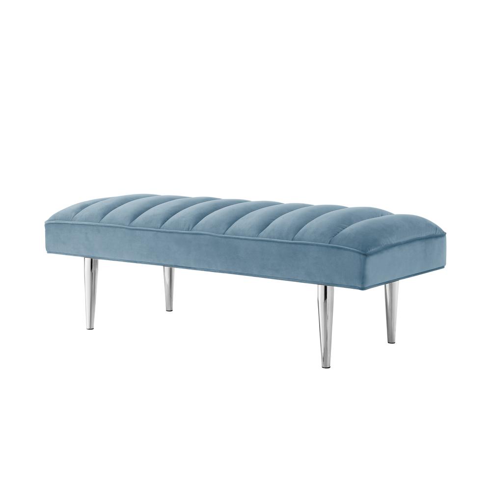 53" Blue And Silver Upholstered Velvet Bench. Picture 3
