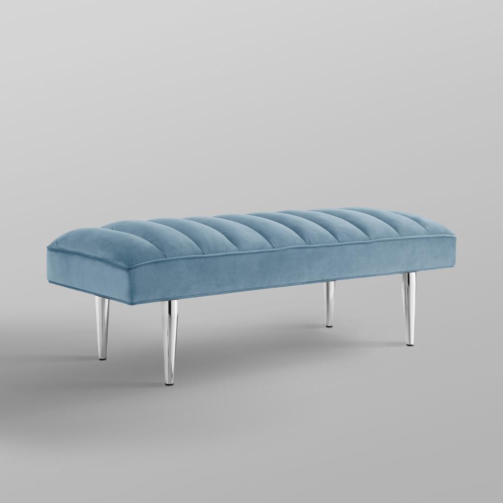 53" Blue And Silver Upholstered Velvet Bench. Picture 7