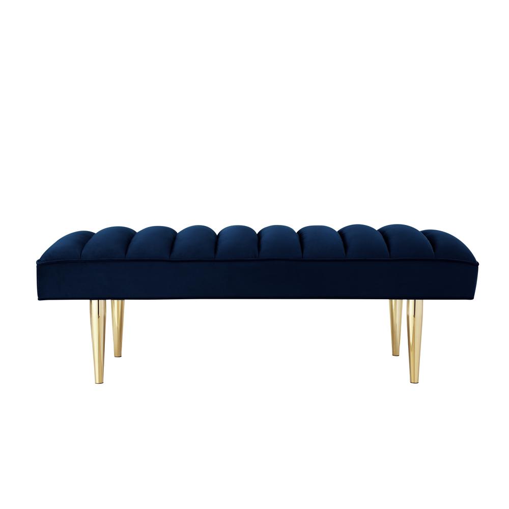 53" Navy Blue And Gold Upholstered Velvet Bench. Picture 1
