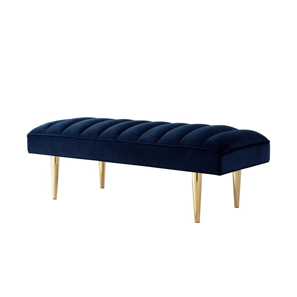 53" Navy Blue And Gold Upholstered Velvet Bench. Picture 2