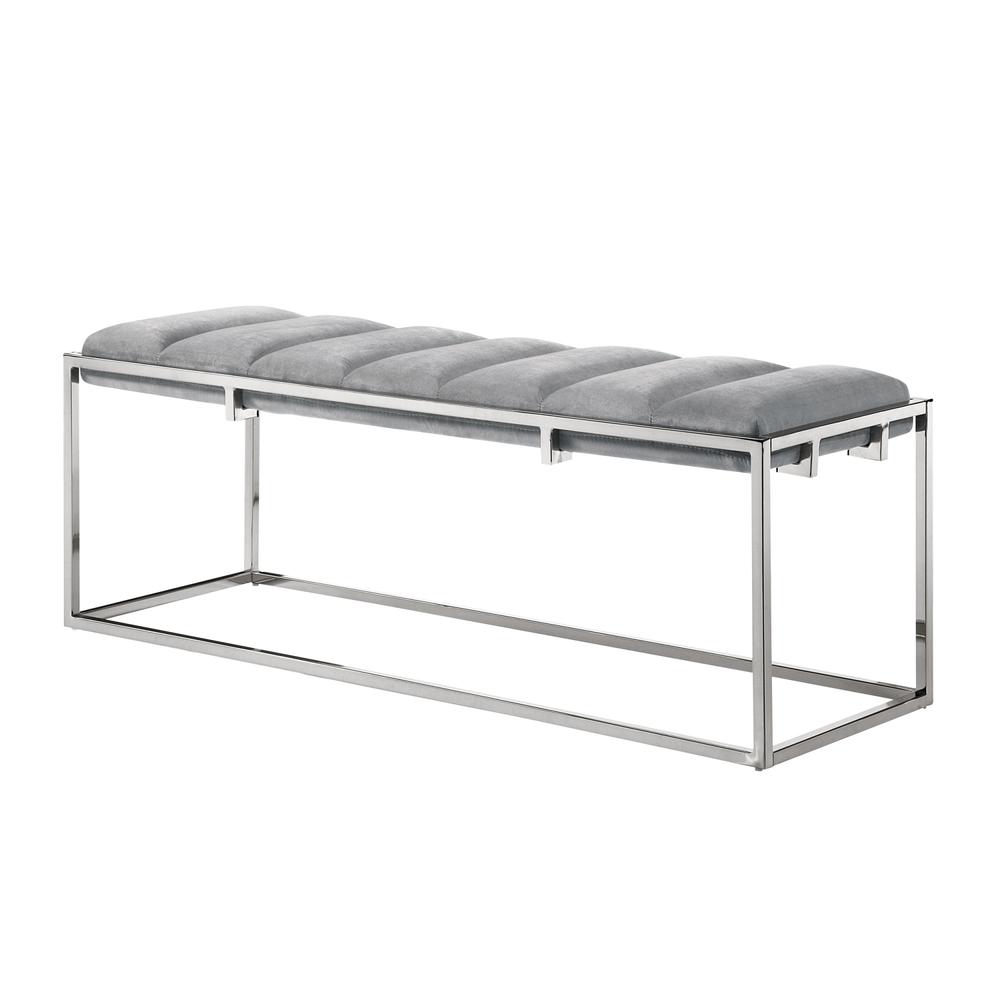 50" Gray And Silver Upholstered Velvet Bench. Picture 1