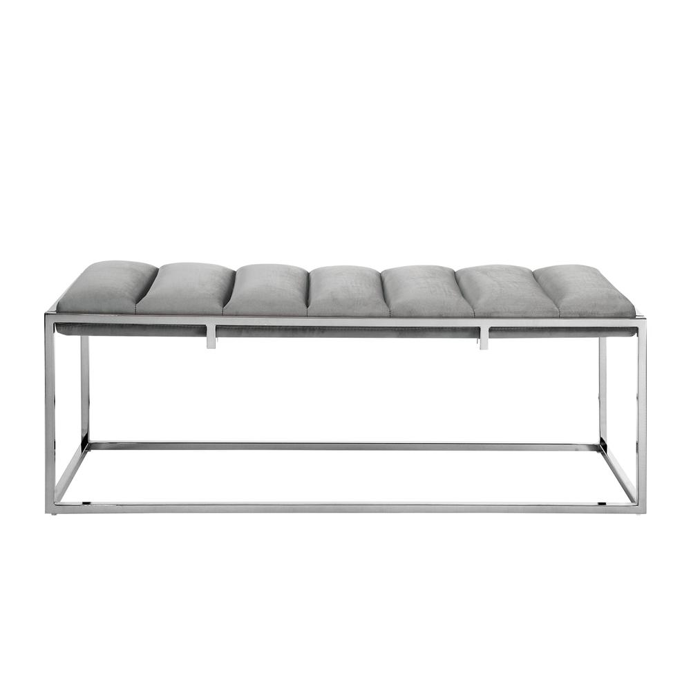 50" Gray And Silver Upholstered Velvet Bench. Picture 3