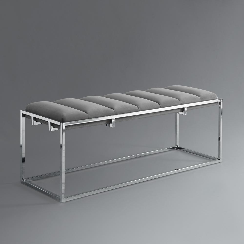 50" Gray And Silver Upholstered Velvet Bench. Picture 7