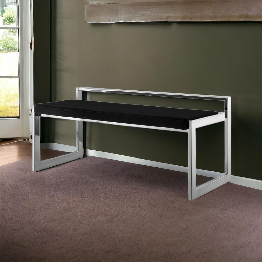 48" Black And Silver Upholstered Velvet Bench. Picture 2